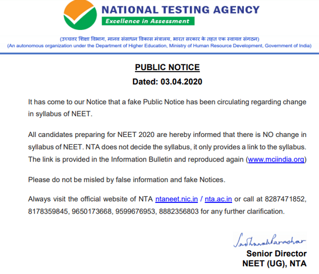 NEET Syllabus 2020 NTA Notice